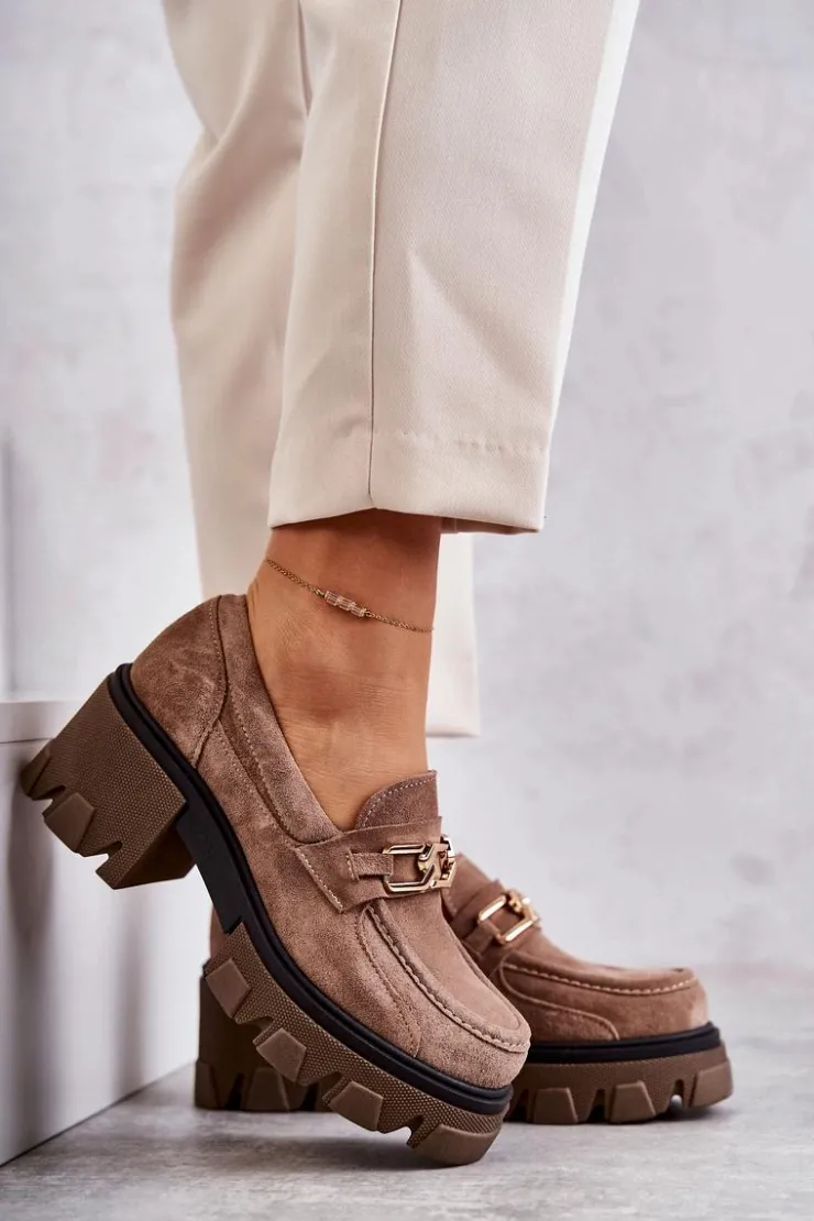 Boto Półbuty Skórzane|Mokasyny Damskie Zamszowe*Zamszowe Półbuty Na Obcasie Ze Złotą Ozdobą Brązowe Lemar Lurdes