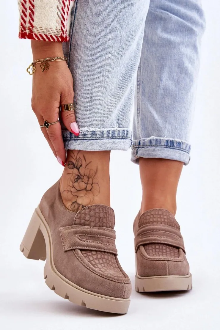 Boto Półbuty Skórzane*Zamszowe Półbuty Na Słupku I Platformie Ciemnobeżowe Lemar Arabell