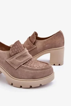 Boto Półbuty Skórzane*Zamszowe Półbuty Na Słupku I Platformie Ciemnobeżowe Lemar Arabell