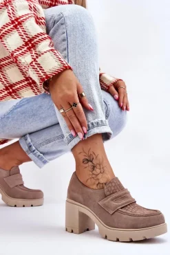 Boto Półbuty Skórzane*Zamszowe Półbuty Na Słupku I Platformie Ciemnobeżowe Lemar Arabell