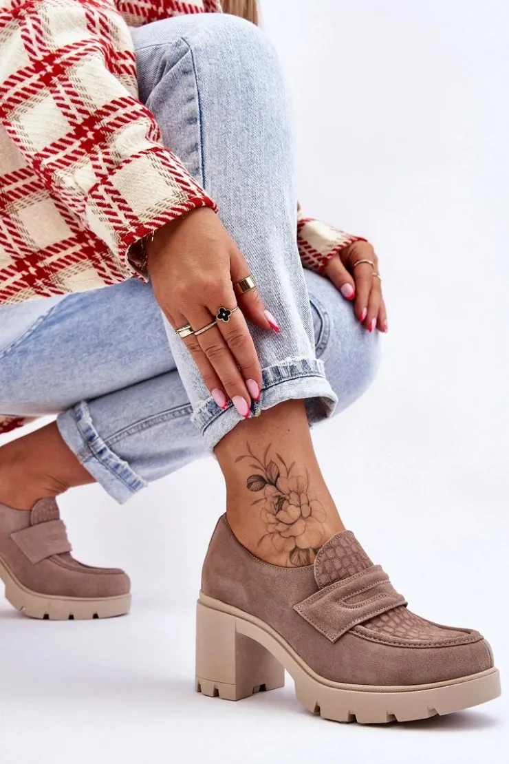 Boto Półbuty Skórzane*Zamszowe Półbuty Na Słupku I Platformie Ciemnobeżowe Lemar Arabell