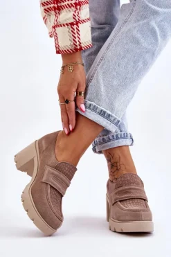 Boto Półbuty Skórzane*Zamszowe Półbuty Na Słupku I Platformie Ciemnobeżowe Lemar Arabell