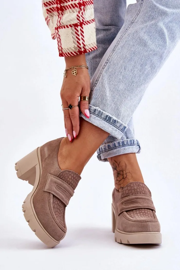 Boto Półbuty Skórzane*Zamszowe Półbuty Na Słupku I Platformie Ciemnobeżowe Lemar Arabell