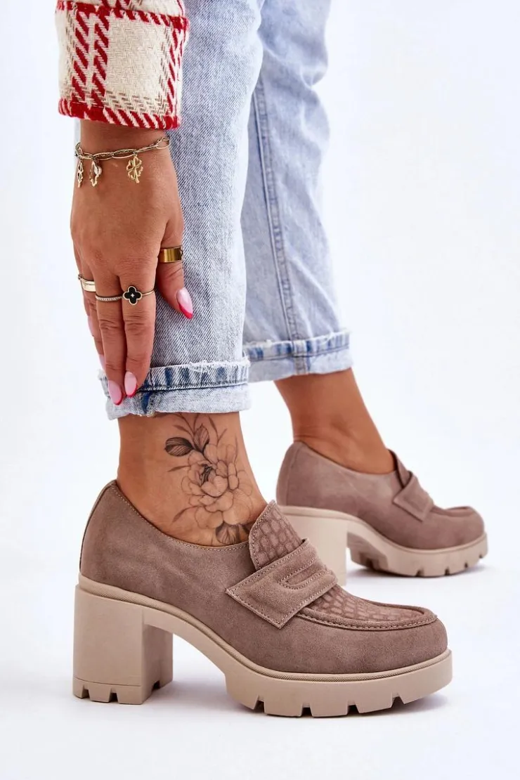 Boto Półbuty Skórzane*Zamszowe Półbuty Na Słupku I Platformie Ciemnobeżowe Lemar Arabell