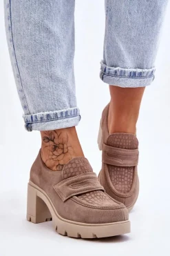 Boto Półbuty Skórzane*Zamszowe Półbuty Na Słupku I Platformie Ciemnobeżowe Lemar Arabell