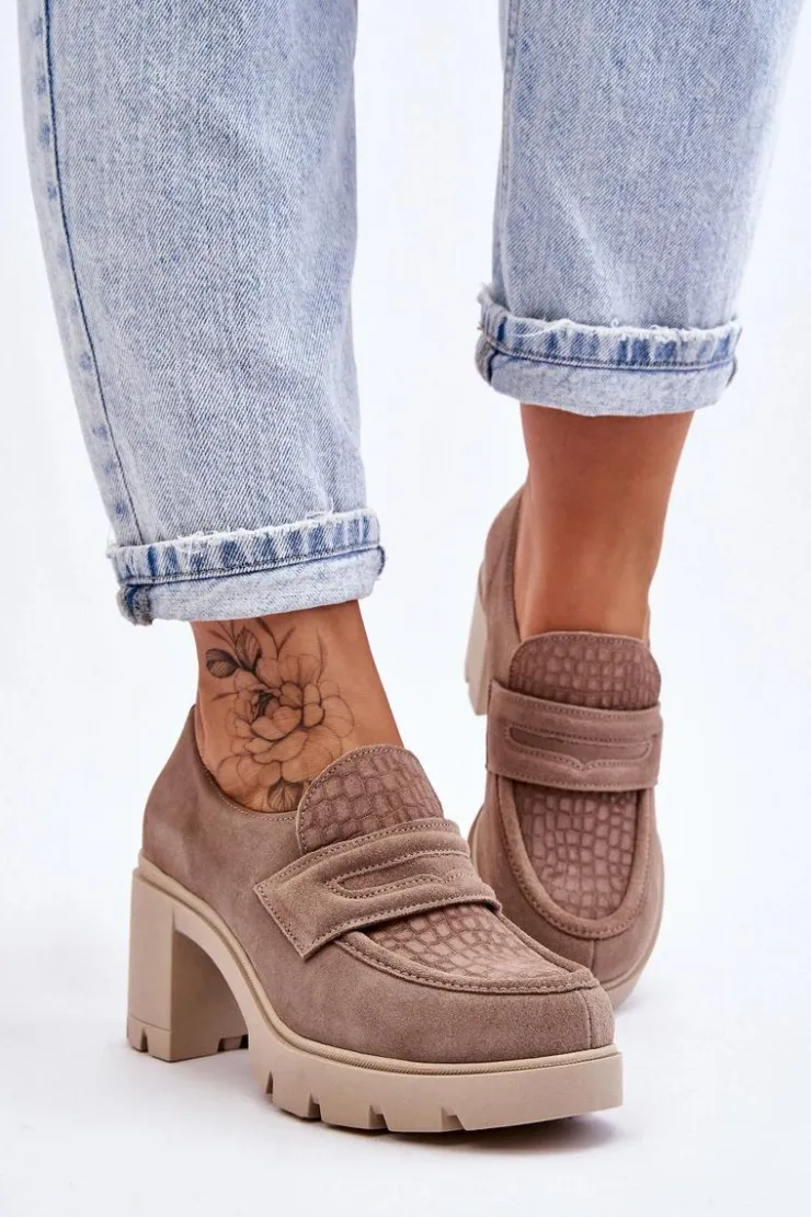 Boto Półbuty Skórzane*Zamszowe Półbuty Na Słupku I Platformie Ciemnobeżowe Lemar Arabell