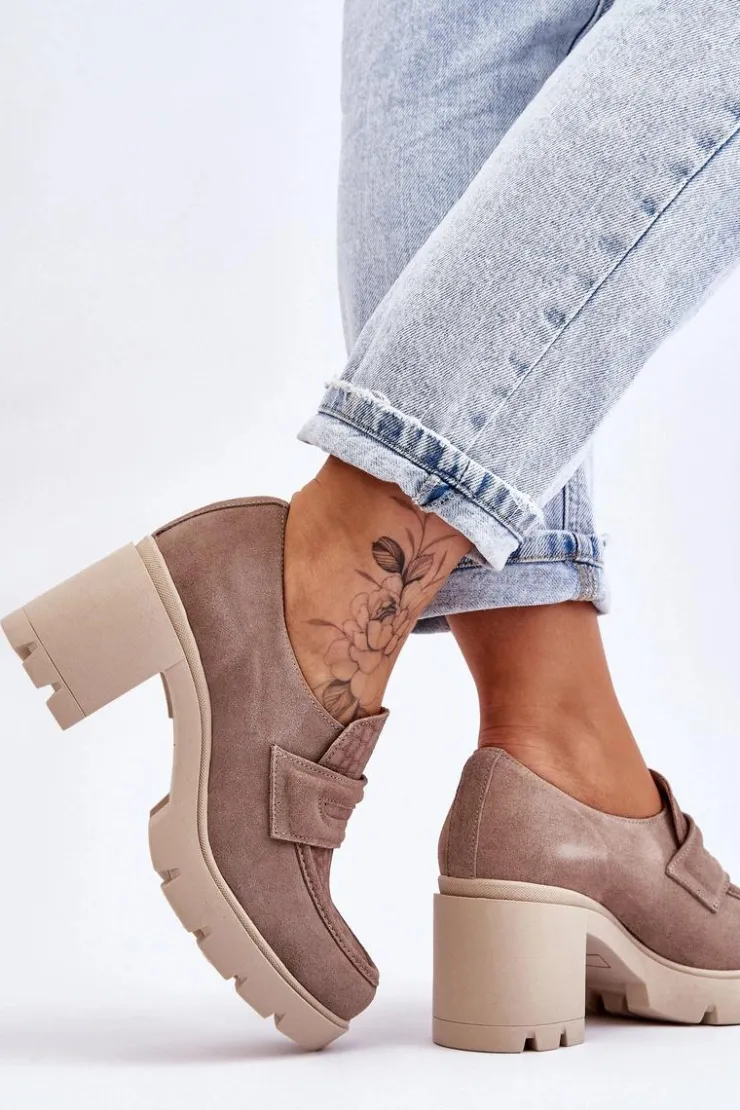 Boto Półbuty Skórzane*Zamszowe Półbuty Na Słupku I Platformie Ciemnobeżowe Lemar Arabell
