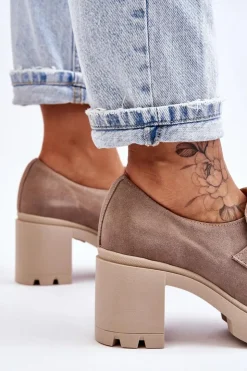 Boto Półbuty Skórzane*Zamszowe Półbuty Na Słupku I Platformie Ciemnobeżowe Lemar Arabell