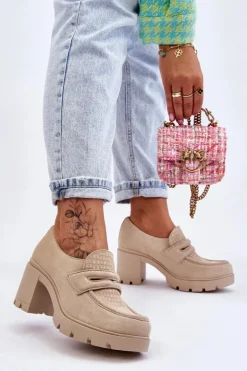 Damskie Boto Zamszowe Półbuty Na Słupku I Platformie Jasnobeżowe Lemar Arabell