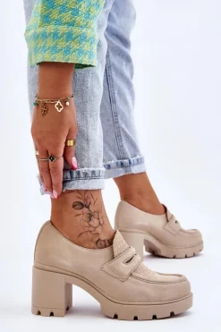 Damskie Boto Zamszowe Półbuty Na Słupku I Platformie Jasnobeżowe Lemar Arabell