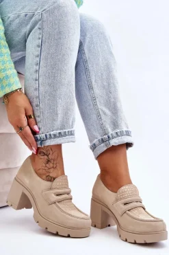 Damskie Boto Zamszowe Półbuty Na Słupku I Platformie Jasnobeżowe Lemar Arabell