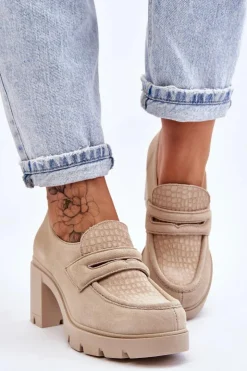Damskie Boto Zamszowe Półbuty Na Słupku I Platformie Jasnobeżowe Lemar Arabell
