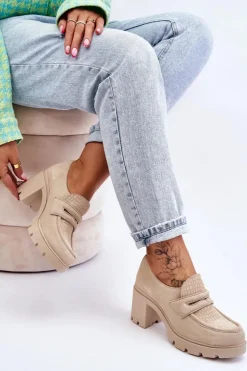 Damskie Boto Zamszowe Półbuty Na Słupku I Platformie Jasnobeżowe Lemar Arabell