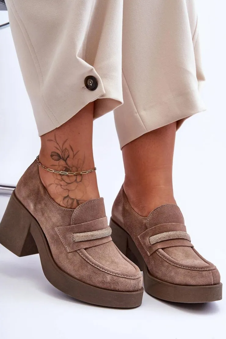 Boto Półbuty Skórzane*Zamszowe Półbuty Na Słupku Z Ozdobą Beżowe Lemar Gelanor Beżowy