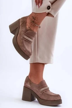 Boto Półbuty Skórzane*Zamszowe Półbuty Na Słupku Z Ozdobą Beżowe Lemar Gelanor Beżowy