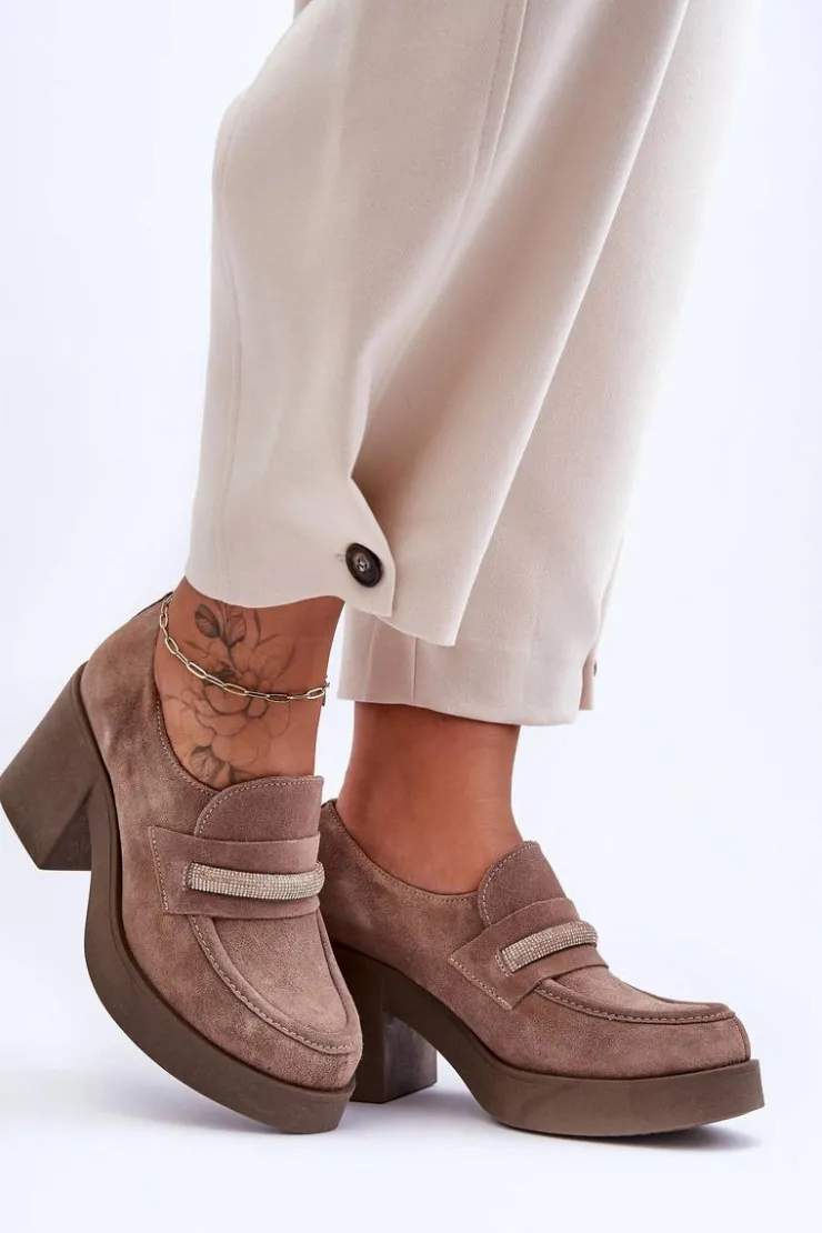 Boto Półbuty Skórzane*Zamszowe Półbuty Na Słupku Z Ozdobą Beżowe Lemar Gelanor Beżowy