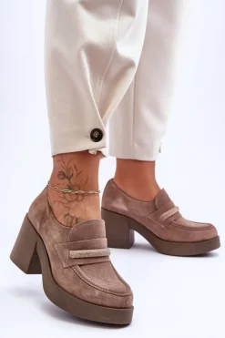 Boto Półbuty Skórzane*Zamszowe Półbuty Na Słupku Z Ozdobą Beżowe Lemar Gelanor Beżowy