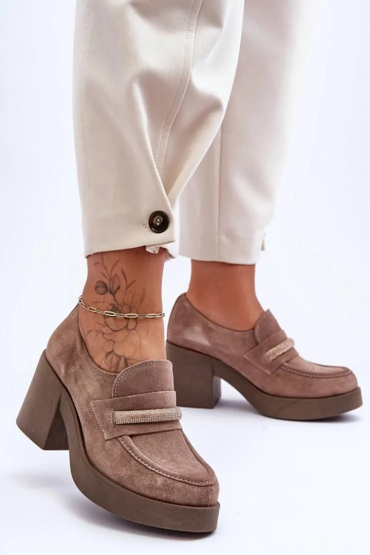 Boto Półbuty Skórzane*Zamszowe Półbuty Na Słupku Z Ozdobą Beżowe Lemar Gelanor Beżowy