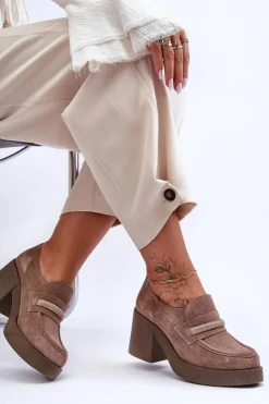 Boto Półbuty Skórzane*Zamszowe Półbuty Na Słupku Z Ozdobą Beżowe Lemar Gelanor Beżowy