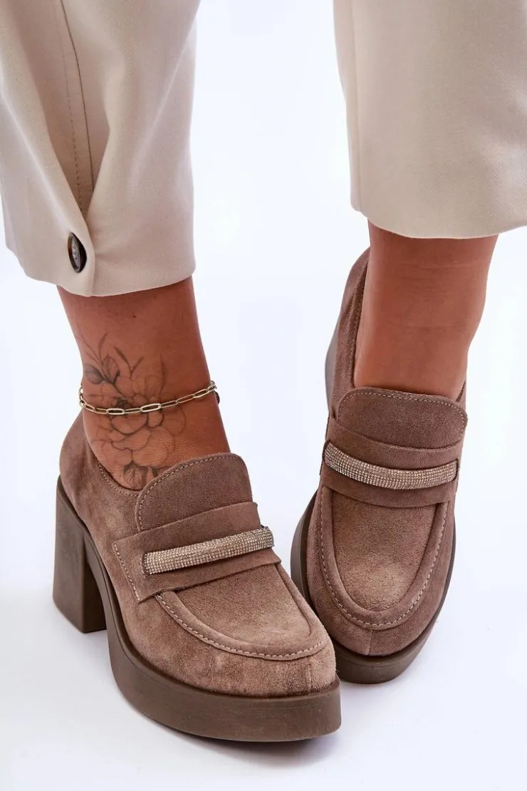 Boto Półbuty Skórzane*Zamszowe Półbuty Na Słupku Z Ozdobą Beżowe Lemar Gelanor Beżowy