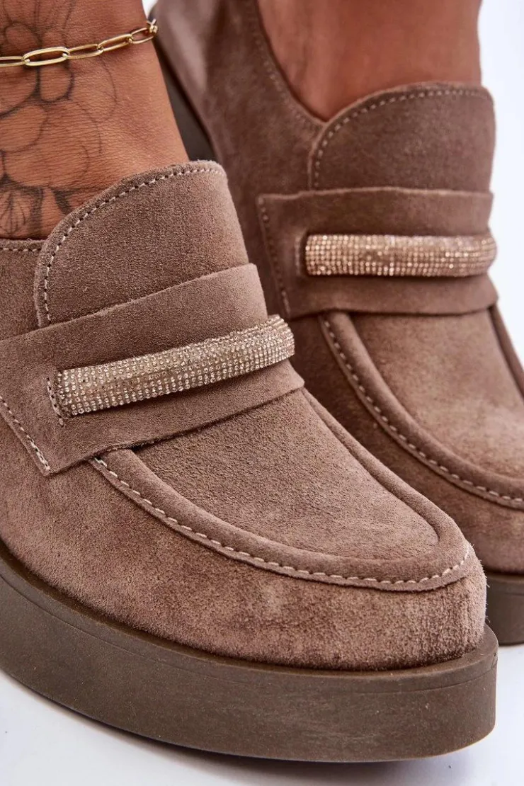 Boto Półbuty Skórzane*Zamszowe Półbuty Na Słupku Z Ozdobą Beżowe Lemar Gelanor Beżowy