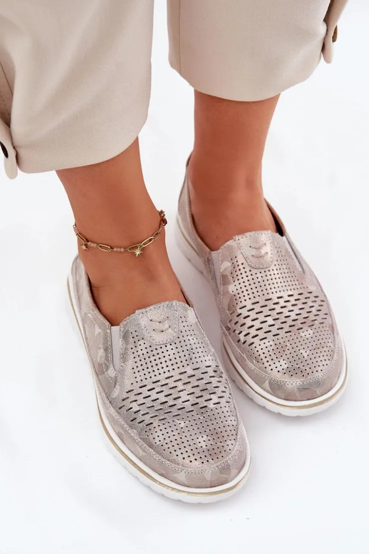 Discount Evento Zamszowe Półbuty Wsuwane Beżowo-Złote Inez