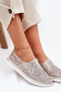 Discount Evento Zamszowe Półbuty Wsuwane Beżowo-Złote Inez