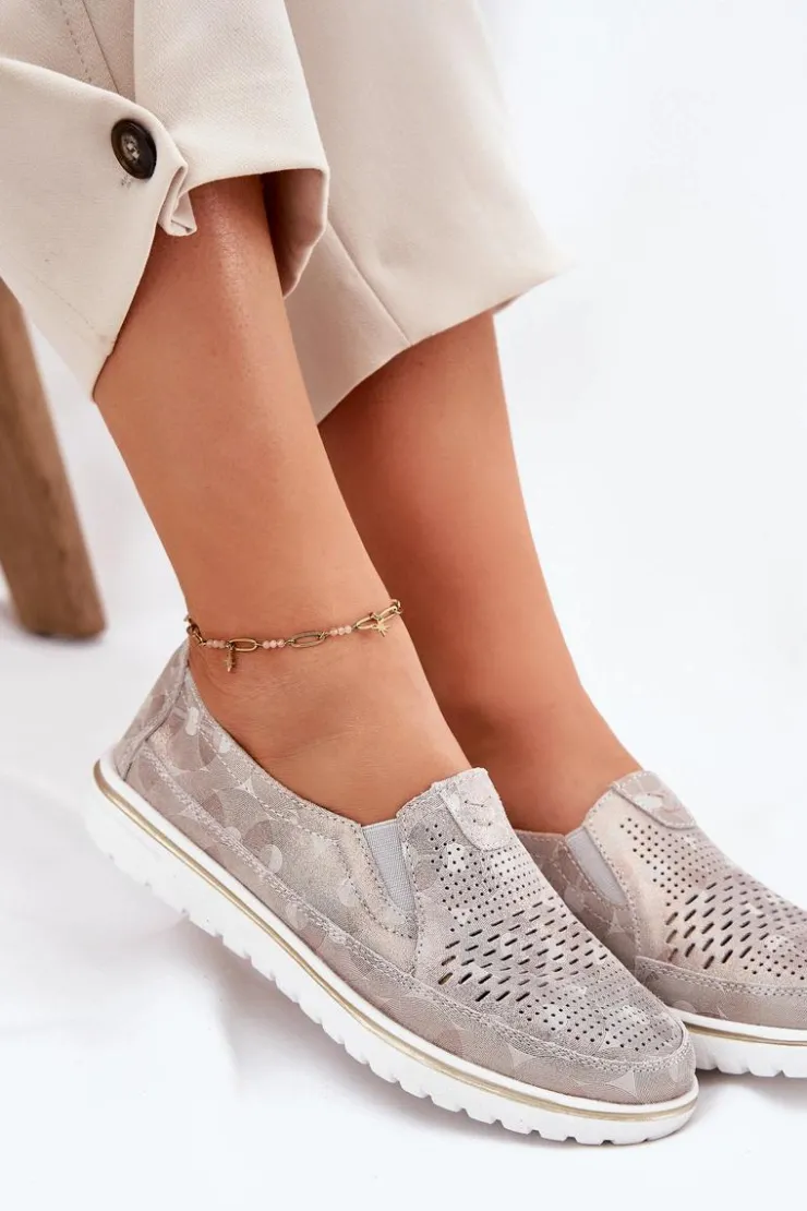 Discount Evento Zamszowe Półbuty Wsuwane Beżowo-Złote Inez