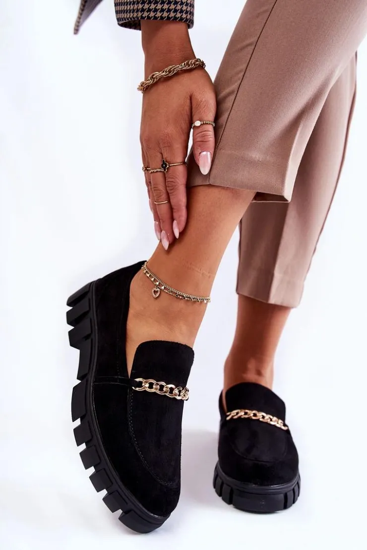 Buty Sergio Leone Mokasyny Damskie Zamszowe*Zamszowe Półbuty Z Łańcuszkiem Czarne Anne