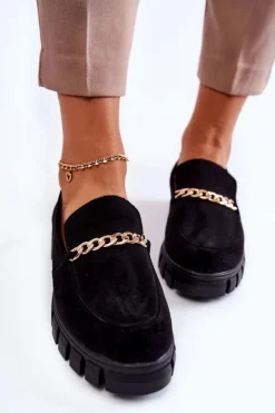 Buty Sergio Leone Mokasyny Damskie Zamszowe*Zamszowe Półbuty Z Łańcuszkiem Czarne Anne