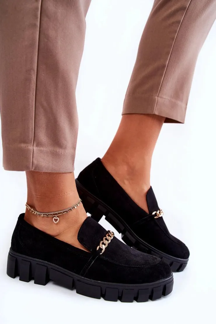 Buty Sergio Leone Mokasyny Damskie Zamszowe*Zamszowe Półbuty Z Łańcuszkiem Czarne Anne