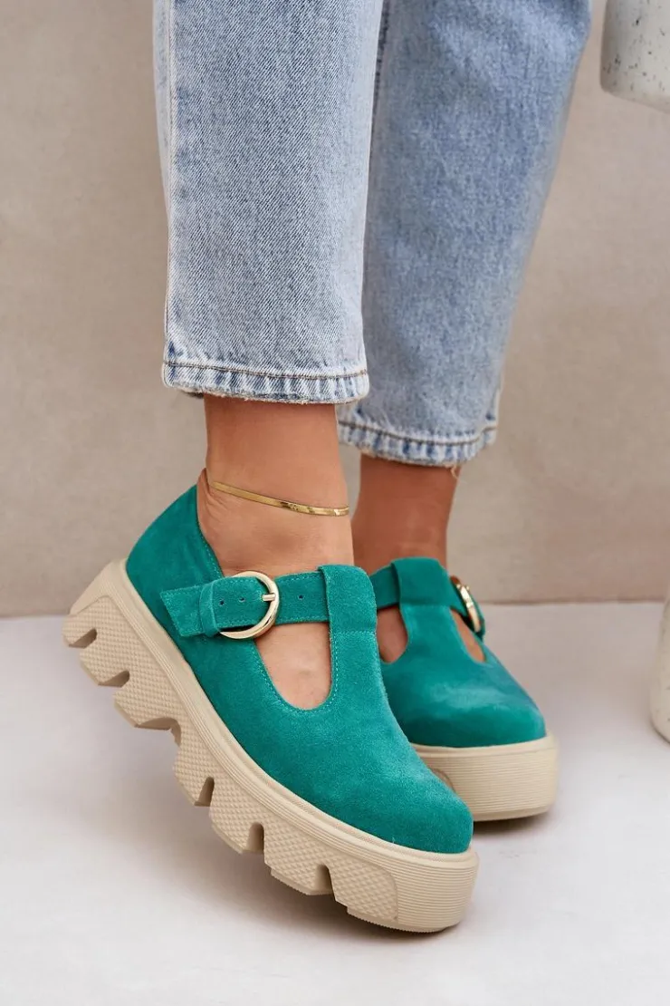 Damskie Zazoo Zamszowe Półbuty Z Klamrą 20183 Zielone