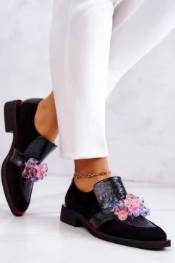 Boto Półbuty Skórzane*Zamszowe Półbuty Z Ozdobą Czarno-Czerwone Davine