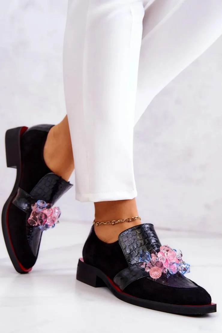 Boto Półbuty Skórzane*Zamszowe Półbuty Z Ozdobą Czarno-Czerwone Davine