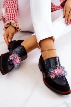 Boto Półbuty Skórzane*Zamszowe Półbuty Z Ozdobą Czarno-Czerwone Davine