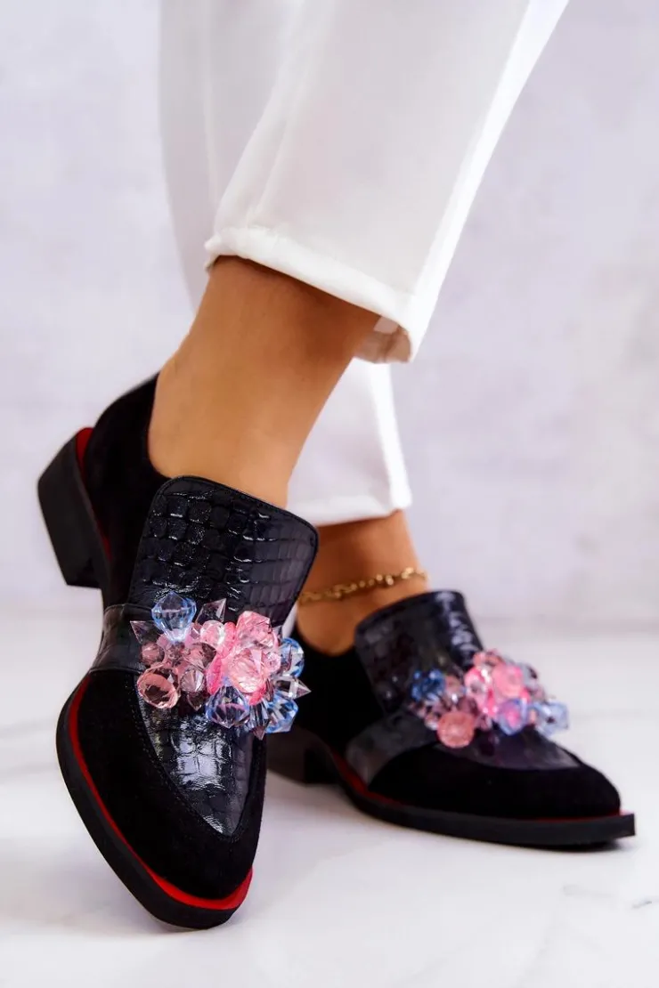 Boto Półbuty Skórzane*Zamszowe Półbuty Z Ozdobą Czarno-Czerwone Davine