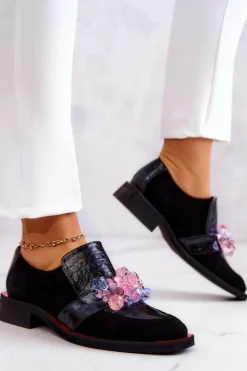 Boto Półbuty Skórzane*Zamszowe Półbuty Z Ozdobą Czarno-Czerwone Davine