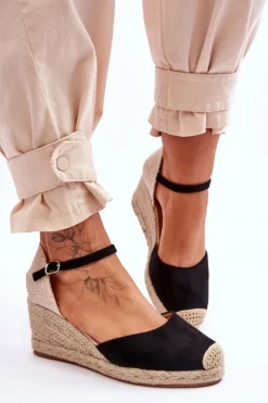 Outlet Boto Zamszowe Sandałki Espadryle Na Koturnie Czarne Cammer