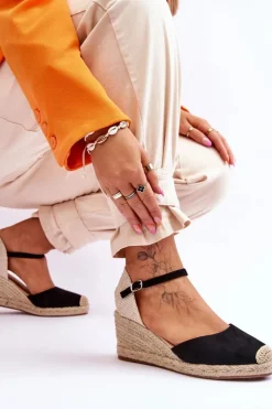 Outlet Boto Zamszowe Sandałki Espadryle Na Koturnie Czarne Cammer