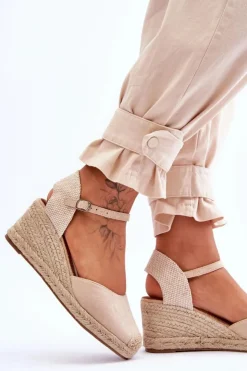 Damskie Boto Zamszowe Sandałki Espadryle Na Koturnie Beżowe Cammer