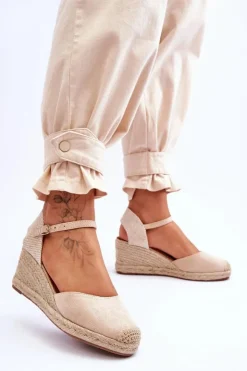 Damskie Boto Zamszowe Sandałki Espadryle Na Koturnie Beżowe Cammer