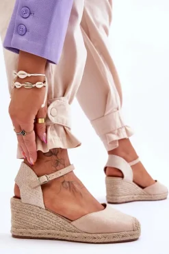 Damskie Boto Zamszowe Sandałki Espadryle Na Koturnie Beżowe Cammer