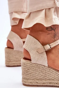 Damskie Boto Zamszowe Sandałki Espadryle Na Koturnie Beżowe Cammer