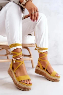 Boto Sandały Na Koturnie*Zamszowe Sandałki Espadryle Na Koturnie Żółte Shanny