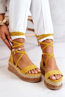 Boto Sandały Na Koturnie*Zamszowe Sandałki Espadryle Na Koturnie Żółte Shanny