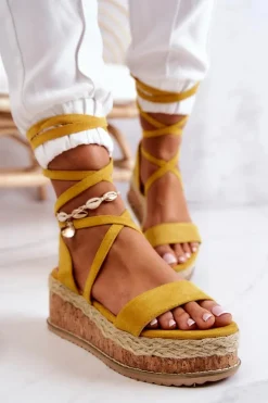Boto Sandały Na Koturnie*Zamszowe Sandałki Espadryle Na Koturnie Żółte Shanny