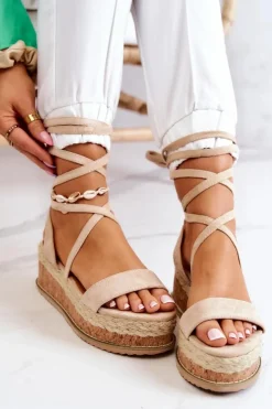 Sale Boto Zamszowe Sandałki Espadryle Na Koturnie Beżowe Shanny