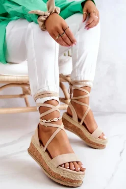 Sale Boto Zamszowe Sandałki Espadryle Na Koturnie Beżowe Shanny