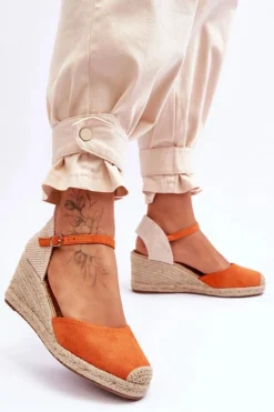 Hot Boto Zamszowe Sandałki Espadryle Na Koturnie Pomarańczowe Cammer