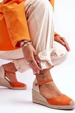 Hot Boto Zamszowe Sandałki Espadryle Na Koturnie Pomarańczowe Cammer